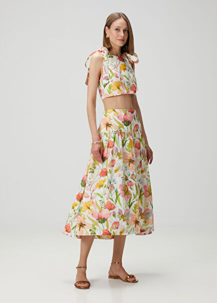 Vera White Floral Midi Linen Skirt
