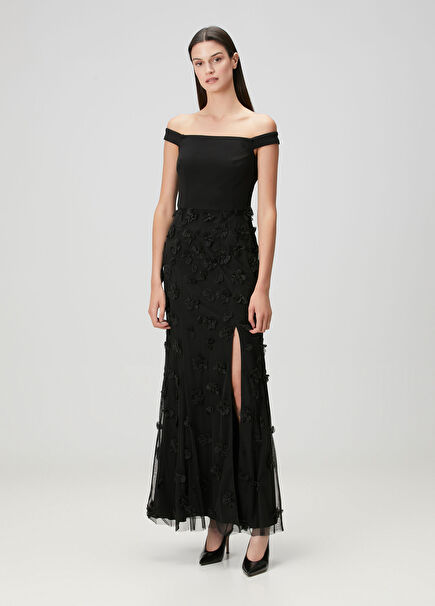 Black Floral Appliqué Maxi Evening Dress