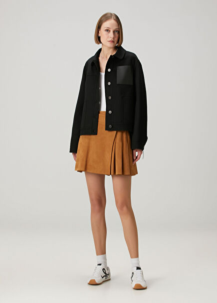 Tan Pleated Mini Suede Skirt
