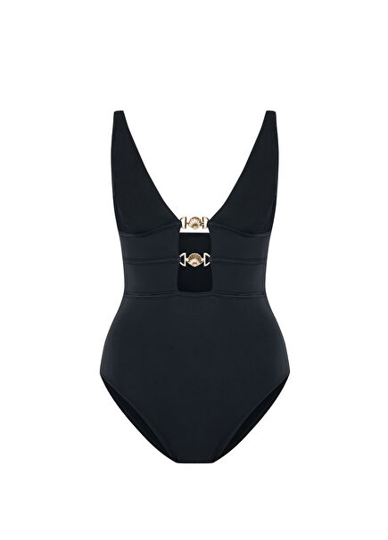 Thalena Black V-Neck Women's Swimsuit with Window