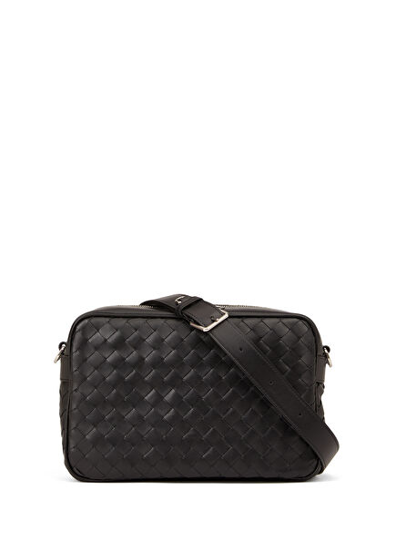 Medium Siyah Örgü Dokulu Erkek Deri Çapraz Çanta