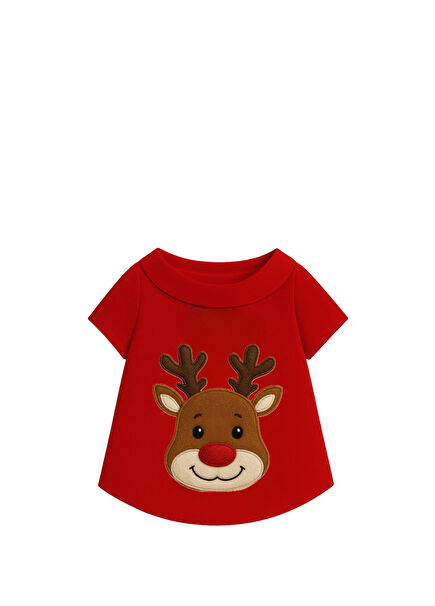 Geyik Aplikeli Kırmızı Küçük Irk Köpek ve Kedi Kıyafeti