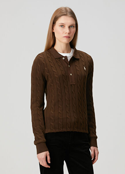 Kahverengi Saç Örgü Polo Triko
