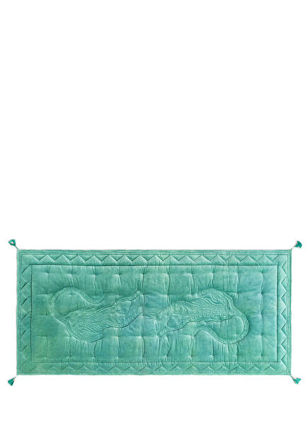 Okhla Yeşil Pamuk Kadife Püsküllü Kapitoneli Koltuk Matı 85 x 185 cm