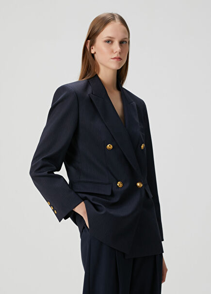 Theane Lacivert Çizgili Yün Ceket