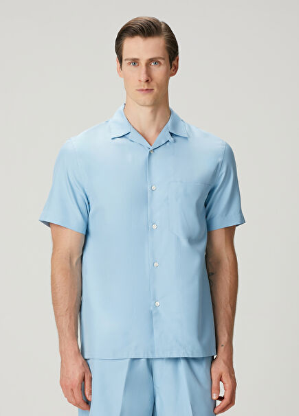Mavi Kısa Kollu İpek Gömlek