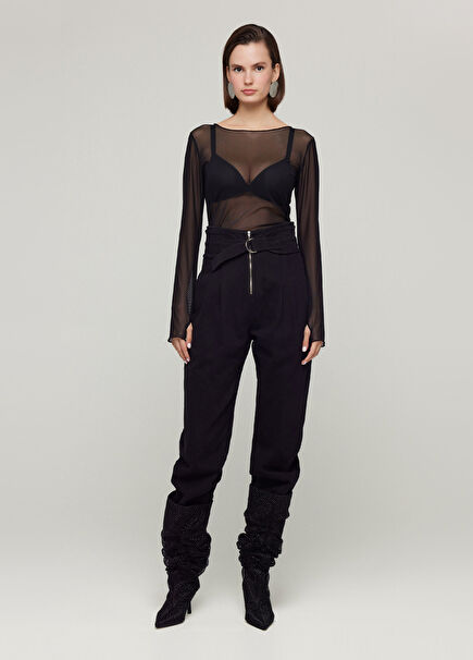 Gabardine Women's Pants with Metal Zipper with D Buckle with Black Corsage