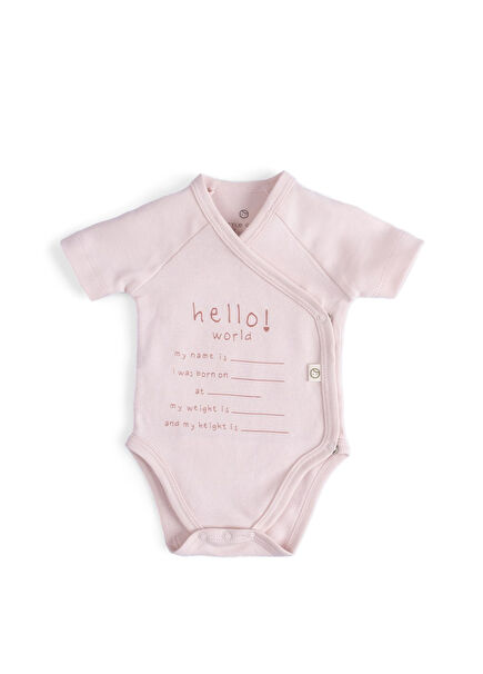 Hello World Pembe Pamuklu Kruvaze Kısa Kollu Kız Bebek Zıbın