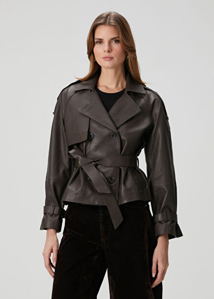 Reed Cropped Koyu Kahverengi Deri Ceket