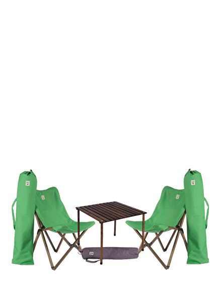 Antrasit Yeşil Ahşap Katlanır Kamp Masa ve Sandalye Seti 70x70x55 cm