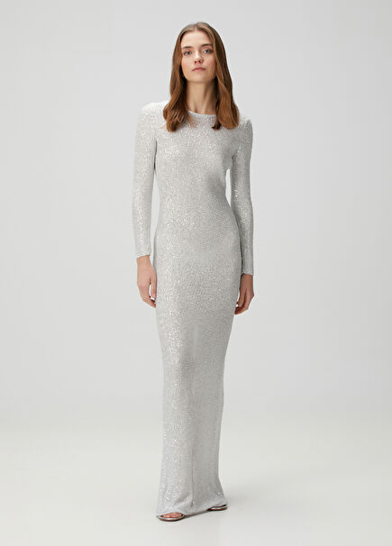 White Sequin Embroidered Maxi Dress