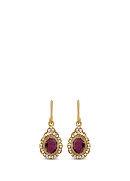 24K Gold Women's Earrings with Ruby and Diamonds