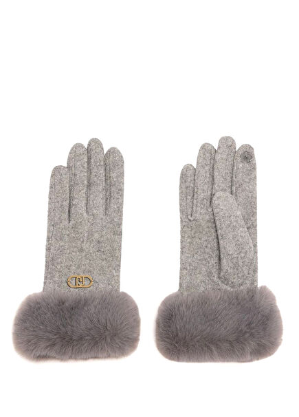 Gri Suni Kürk Detaylı Kadın Eldiven