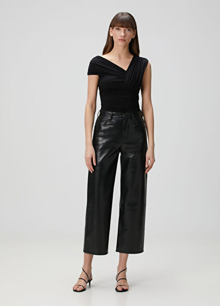 Ren Siyah Wide Leg Deri Pantolon