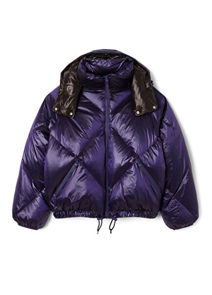 Mor Kapüşonlu Oversize Fit Kadın Kapitone Mont