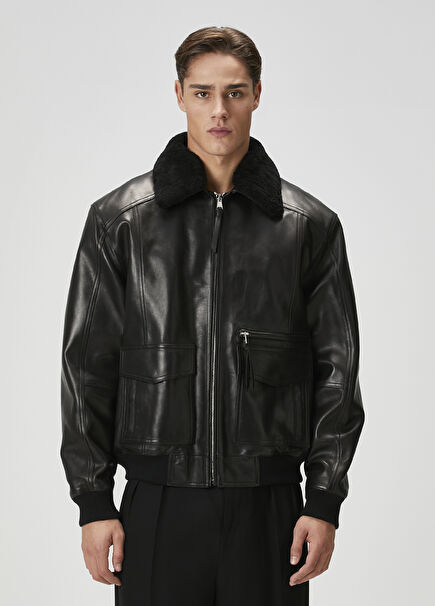 Siyah Logo Nakışlı Aviator Deri Ceket