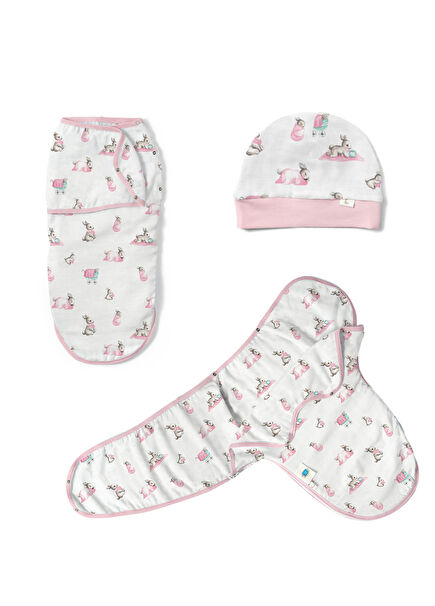 Baby Lapin Rose Easy Swaddle and Beanie Set