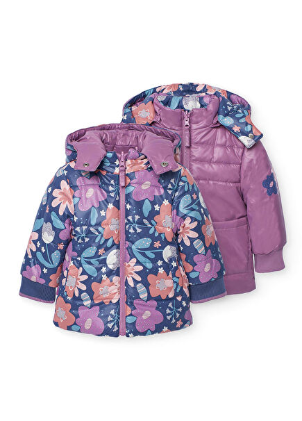 Purple Flower Patterned Girls' Coat