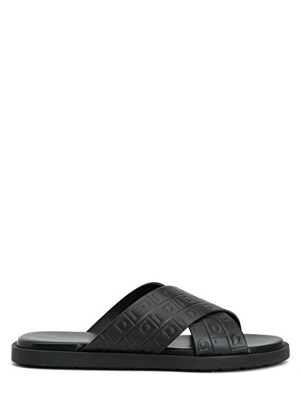 Siyah Logo Motifli Erkek Deri Terlik