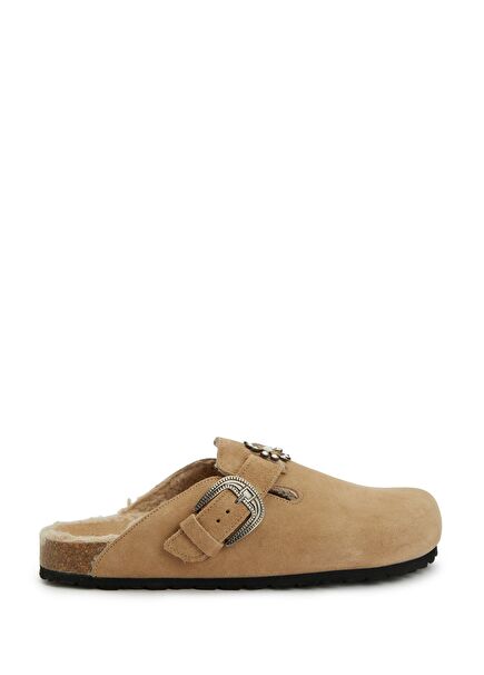 Koyu Bej Kadın Deri Terlik