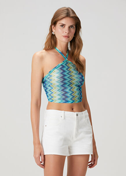Green Blue Zigzag Patterned Crop Top
