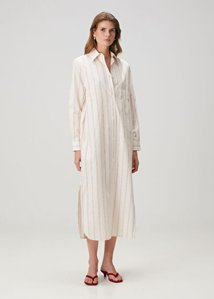 Pembe Beyaz Çizgili Midi Gömlek Elbise