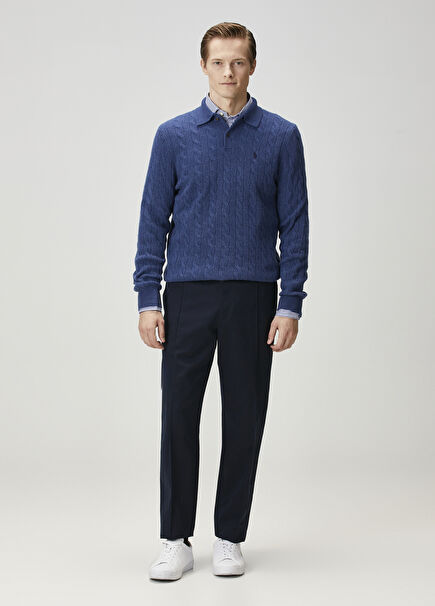 Navy Blue Hair Braid Textured Wool Polo Sweater