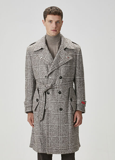 Gray Plaid Pattern Wool Double-Breasted Coat
