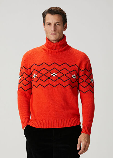 Kırmızı Balıkçı Yaka Jakarlı Yün Kazak