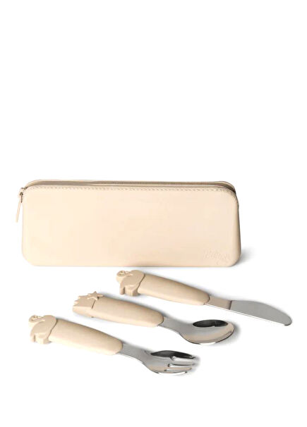 Beige Children's Cutlery & Spoon Set with Steel Bag with Silicone Handle