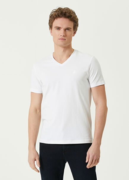 Beyaz V Yaka Basic T-shirt