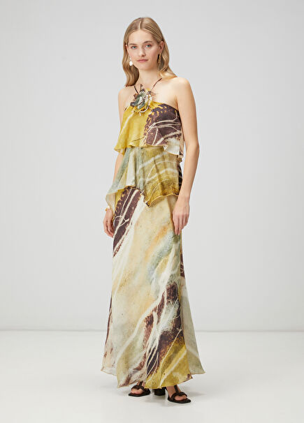 Neon Sarı Soyut Desenli Uzun Abiye Elbise