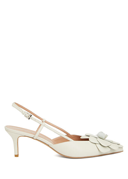 Ecru Flower Detailed Leather Heels