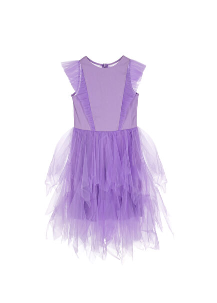 Miss Puffy Lilac Pleated Tulle Detailed Short Sleeve Girls' Dress