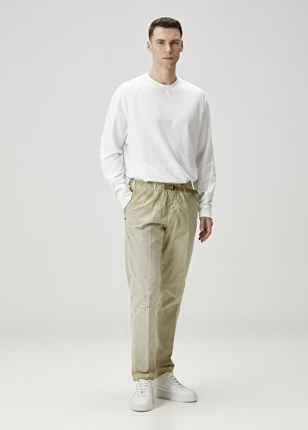 Beige Waist Belted Brushstroke Patterned Trousers