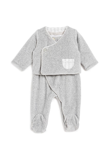 Grey Velvet Jumpsuit Jacket Baby Boy Set of 2