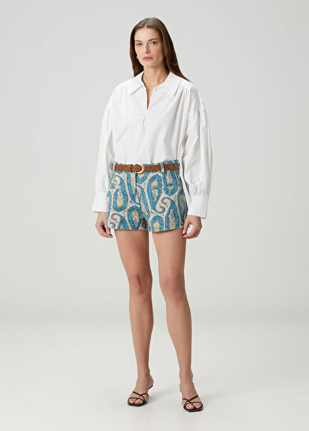 Blue Paisley Denim Shorts
