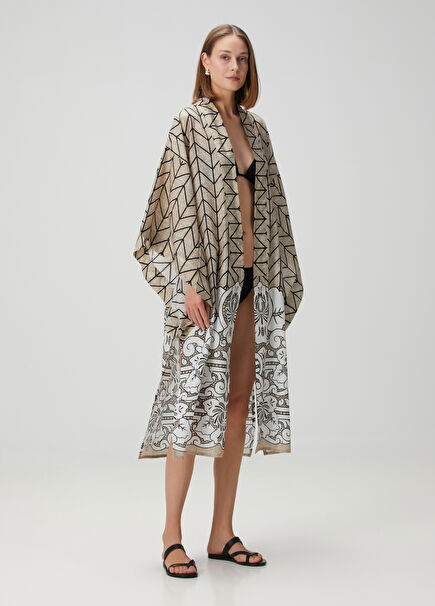 Summer Koyu Bej Desenli Kaftan