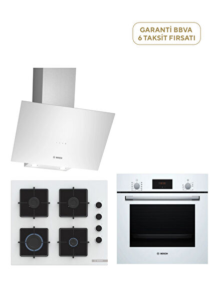 HBF512BW1T Fırın +  POP6C2P30O Ocak + DWK64PJ20T Davlumbaz Beyaz Ankastre Set