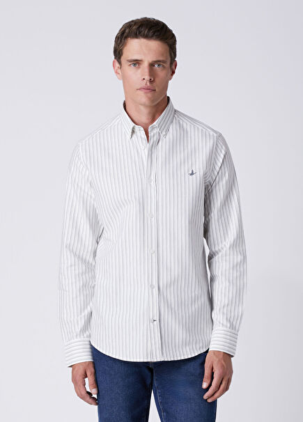 White Grey Comfort Fit Striped Oxford Shirt