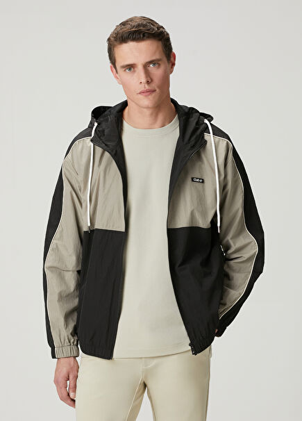 Beige Black Hooded Coat