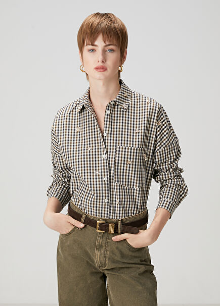 Navy Blue Green Gingham Embroidered Shirt