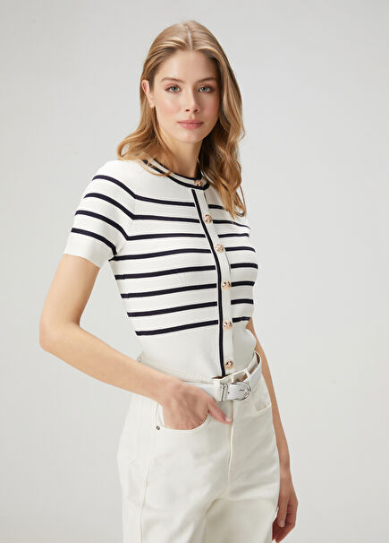 Navy Blue White Striped Cardigan