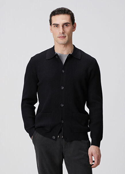 Black Raglan Sleeve Pocket Detailed Polo Cardigan