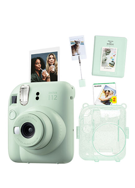 Instax Mini 12 Yeşil Fotoğraf Makinesi + 20'li Film Kıskaçlı Stand PVC Albüm ve Simli Pleksi Kılıf Seti