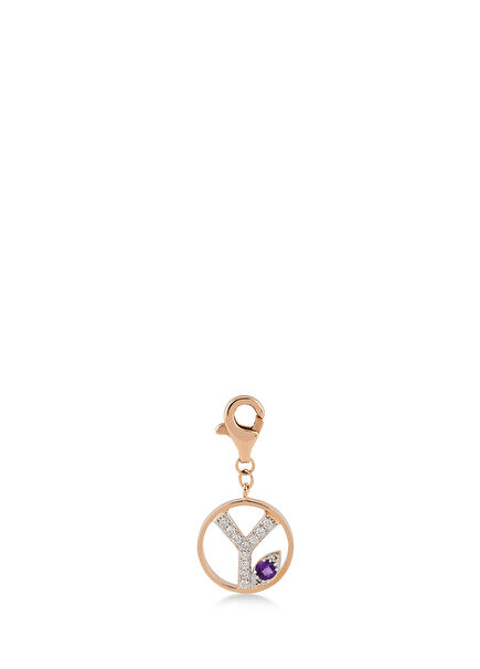 Mini “Y” Harfli Charm Pırlanta Mor Ametist Taşlı 14 Ayar Pembe Altın
