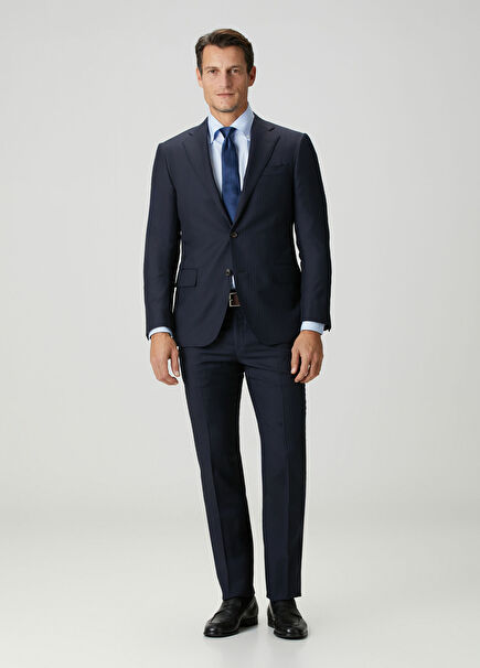 Lacivert Çizgi Desenli Yün Takım Elbise