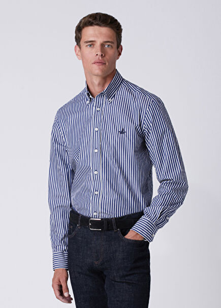 Comfort Fit Navy Blue White Striped Poplin Shirt