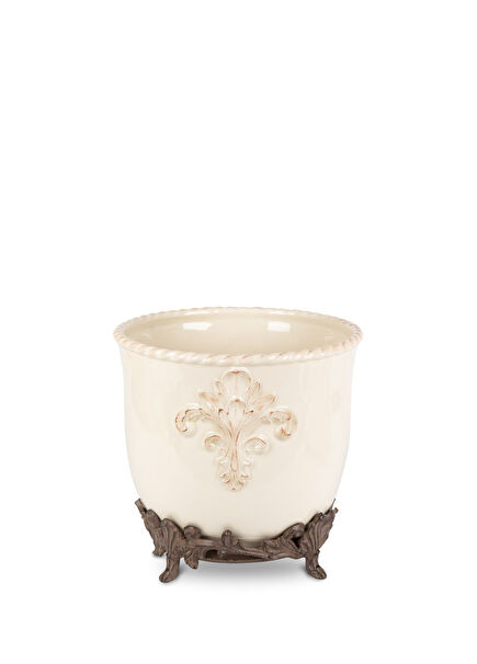 Cream Ceramic Pot on Stoneware Metal Base