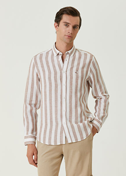 Comfort Fit Beige Line Pattern Linen Shirt